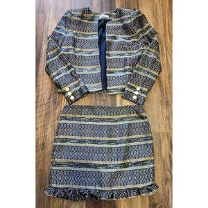 Mango 2Pc Blazer Mini Skirt Suit Set Blue Bronze Metallic Woven Tapestry Sz 6